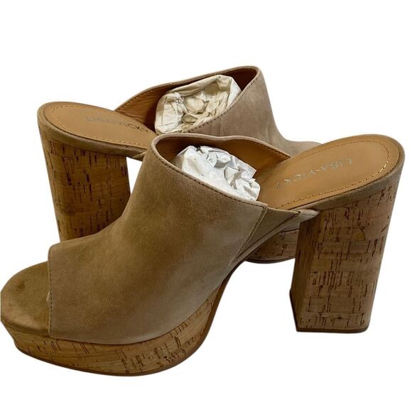 NIB Lisa Vicky Women's Joy V Camel Tan Kid Suede Mule Sandal Heel - Size 8 - Picture 2 of 10